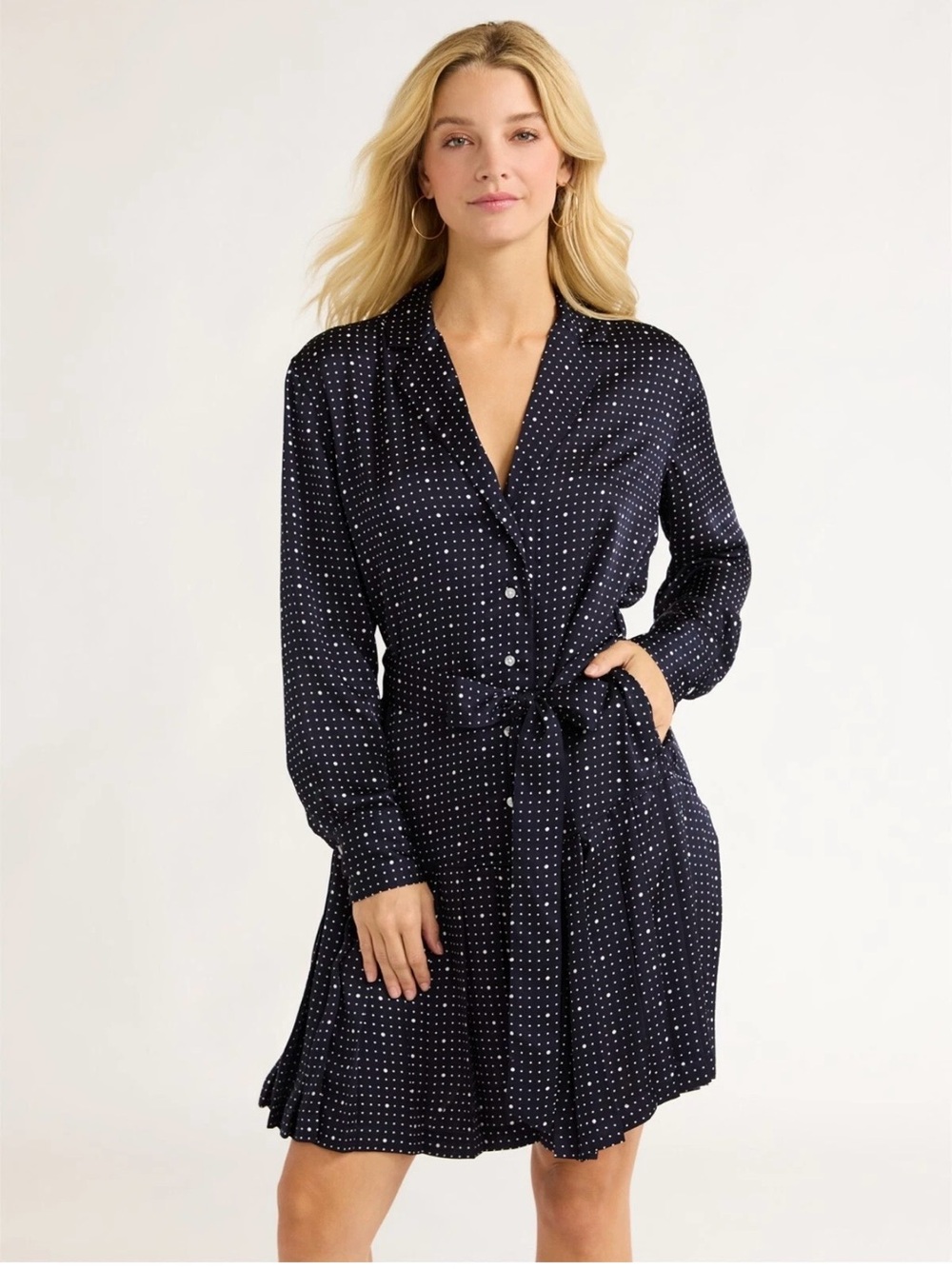 Free Assembly Women’s polka dots Pleated shirt dress with long sleeves